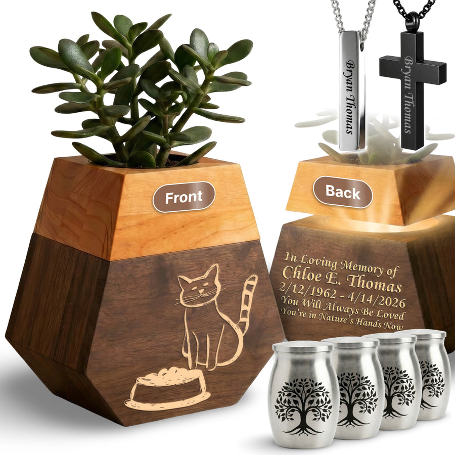 Wooden Plant Cremation Urn with Playful Cat Design for Pet Lovers