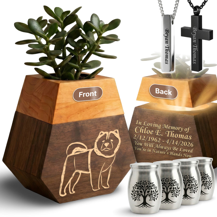 Wooden Plant Cremation Urn with Beloved Dog Design for Pet Lovers
