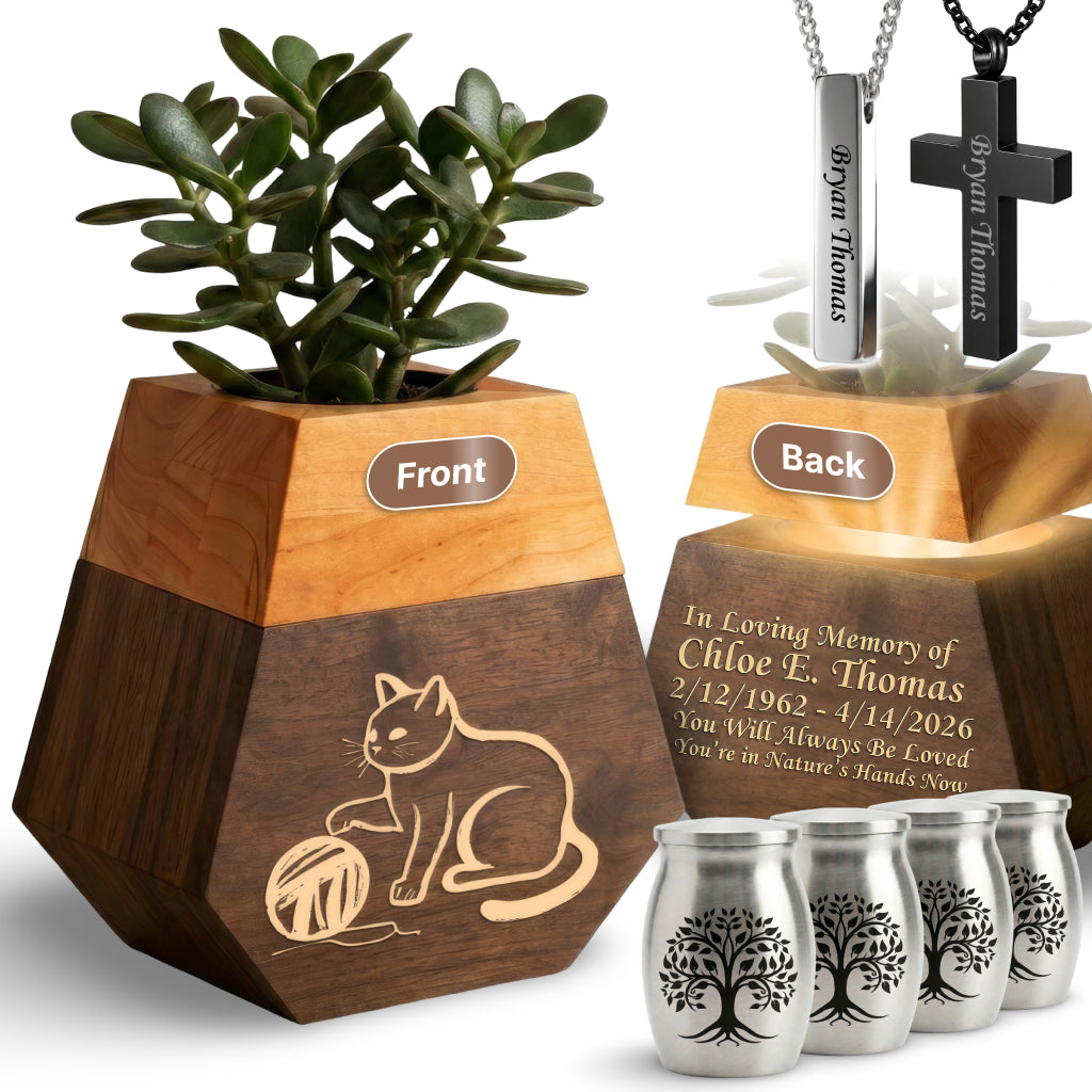 Wooden Plant Cremation Urn with Playful Cat Design for Pet Lovers
