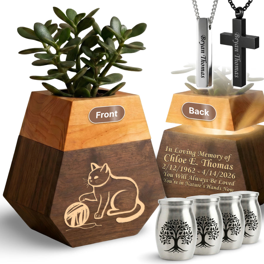 Wooden Plant Cremation Urn with Playful Cat Design for Pet Lovers