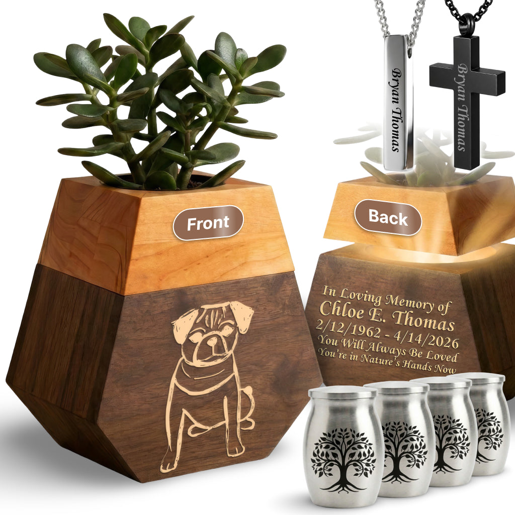 Wooden Plant Cremation Urn with Beloved Dog Design for Pet Lovers