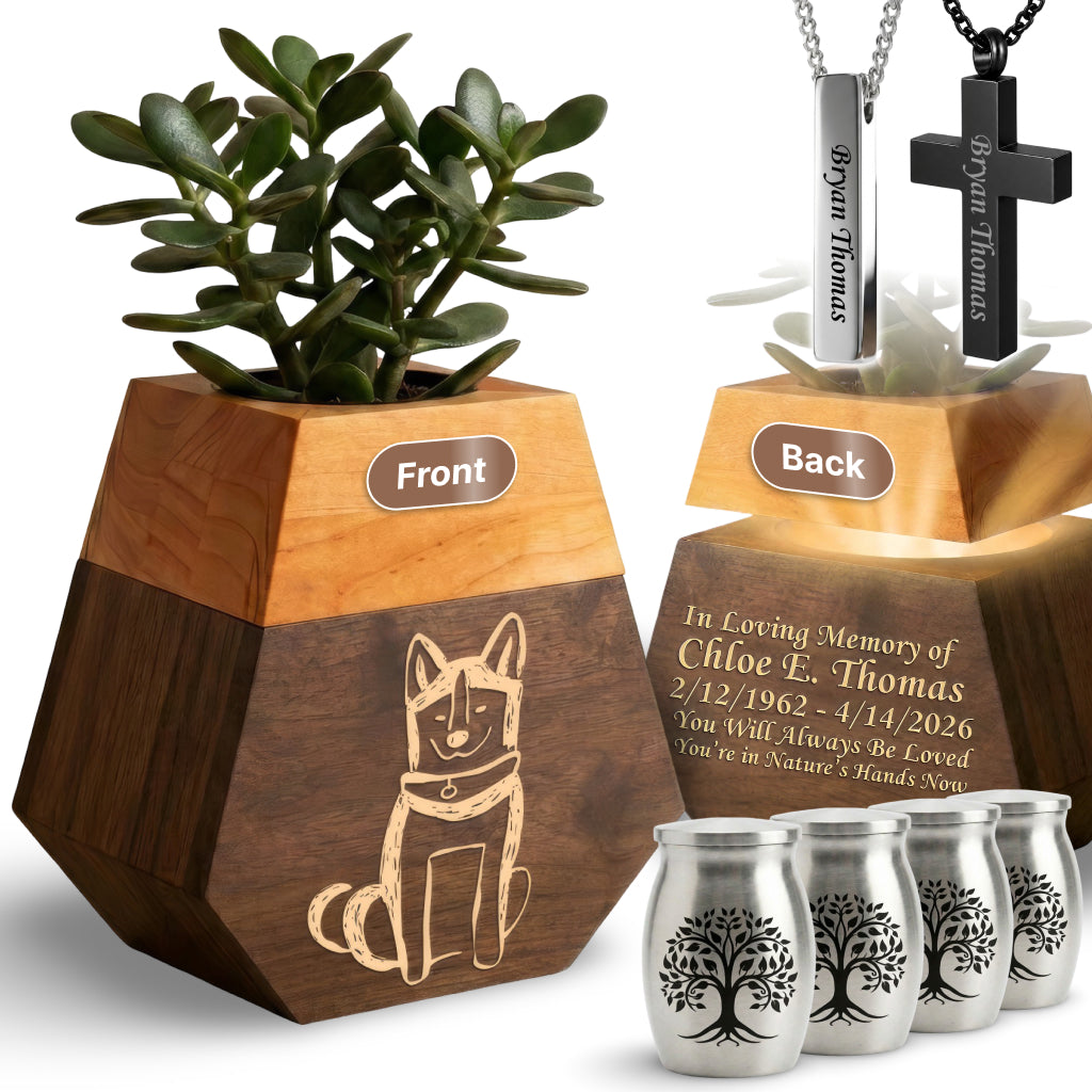 Wooden Plant Cremation Urn with Beloved Dog Design for Pet Lovers