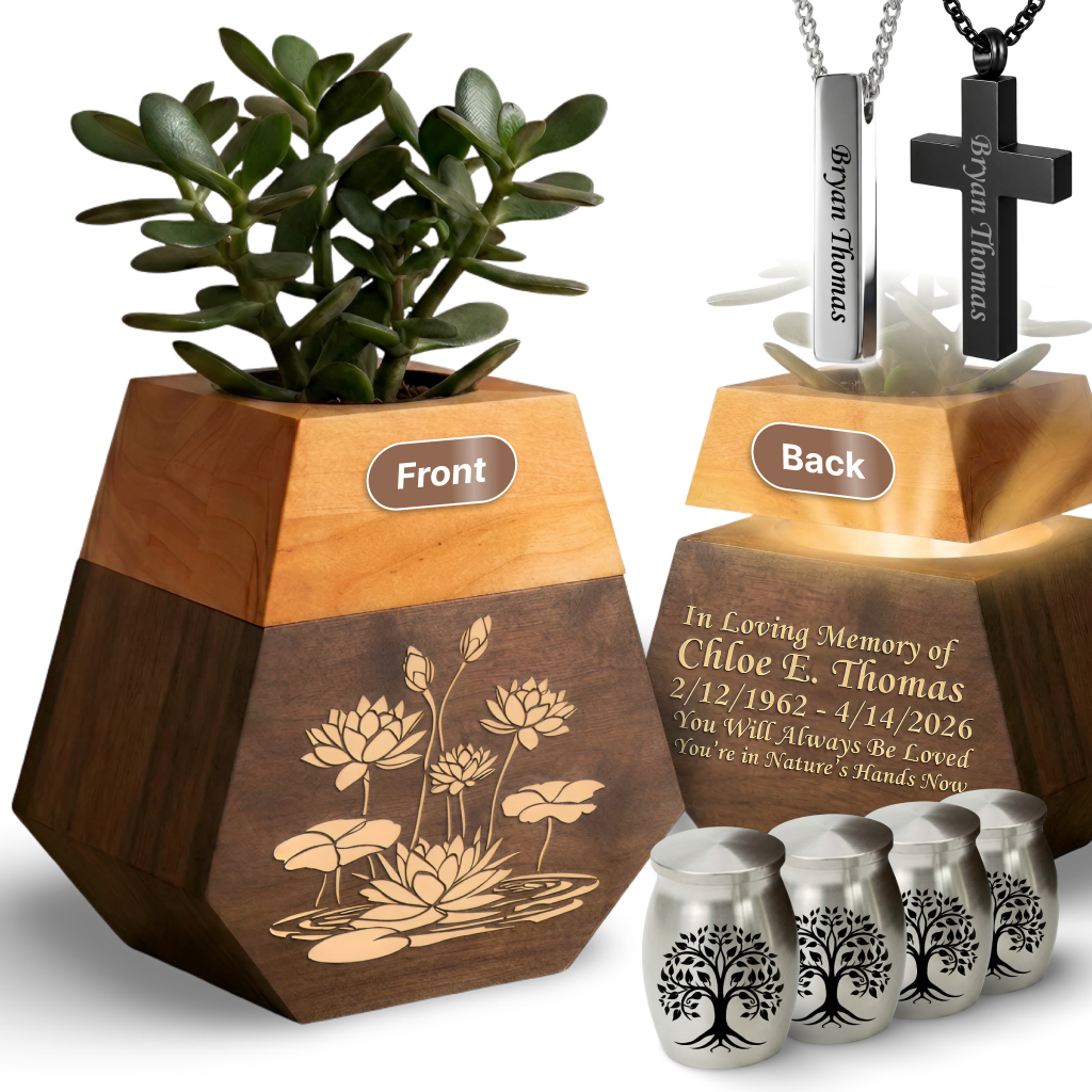 Wooden Plant Cremation Urn with Birds & Flowers Design for Nature Lovers