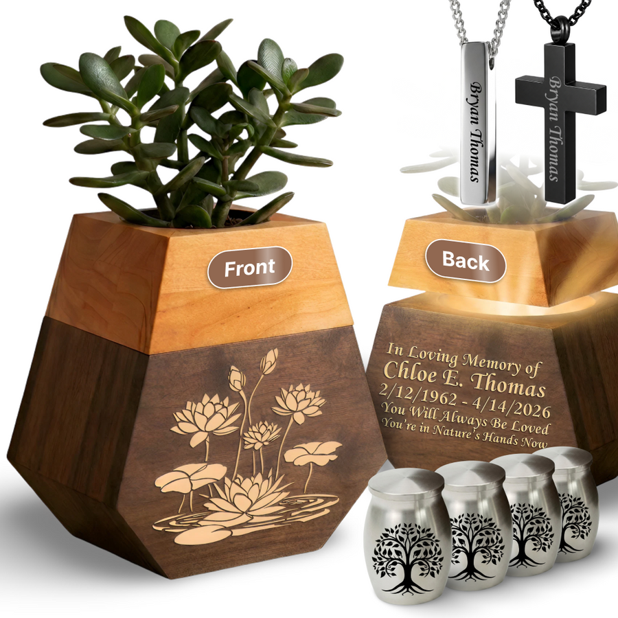 Wooden Plant Cremation Urn with Birds & Flowers Design for Nature Lovers