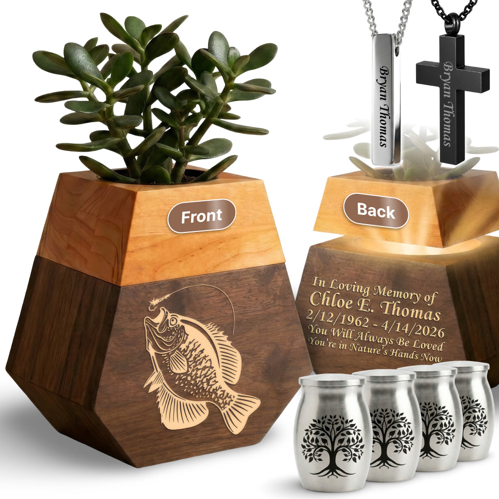 Wooden Plant Cremation Urn with Coastal Nature Design for Ocean Lovers