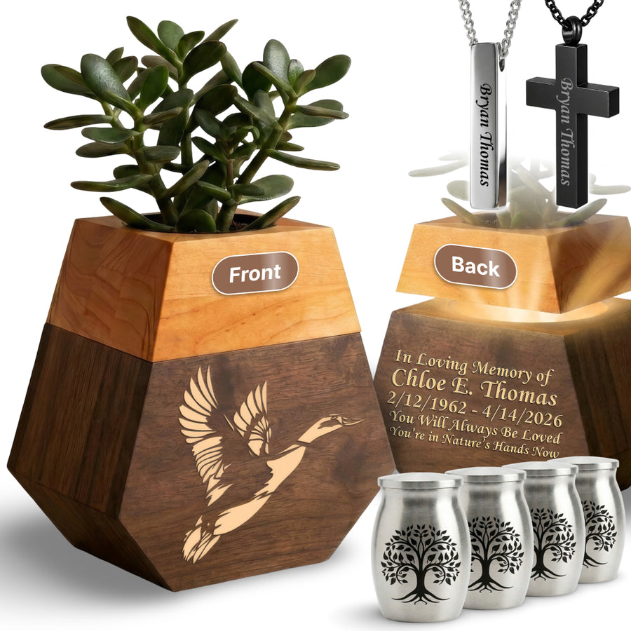Wooden Plant Cremation Urn with Coastal Nature Design for Ocean Lovers