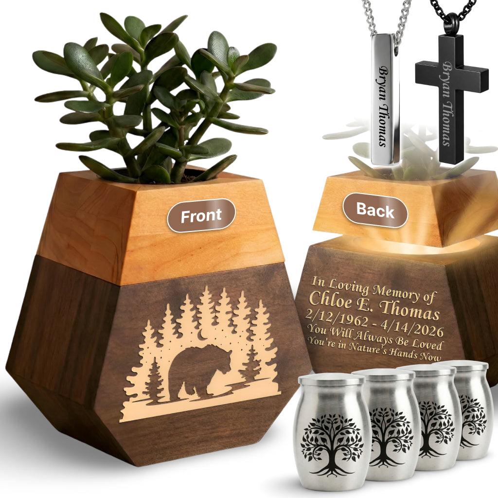 Wooden Plant Cremation Urn with Forest Wildlife Design for Nature Lovers