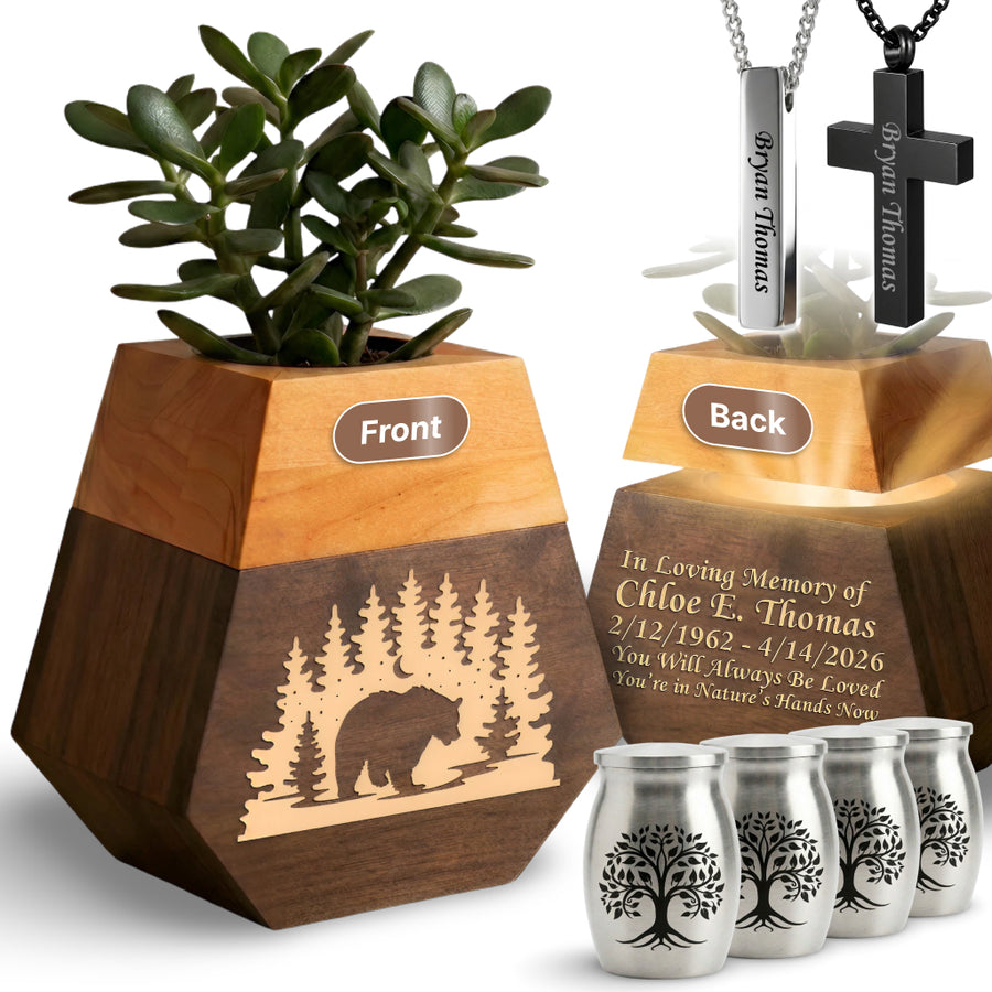Wooden Plant Cremation Urn with Forest Wildlife Design for Nature Lovers