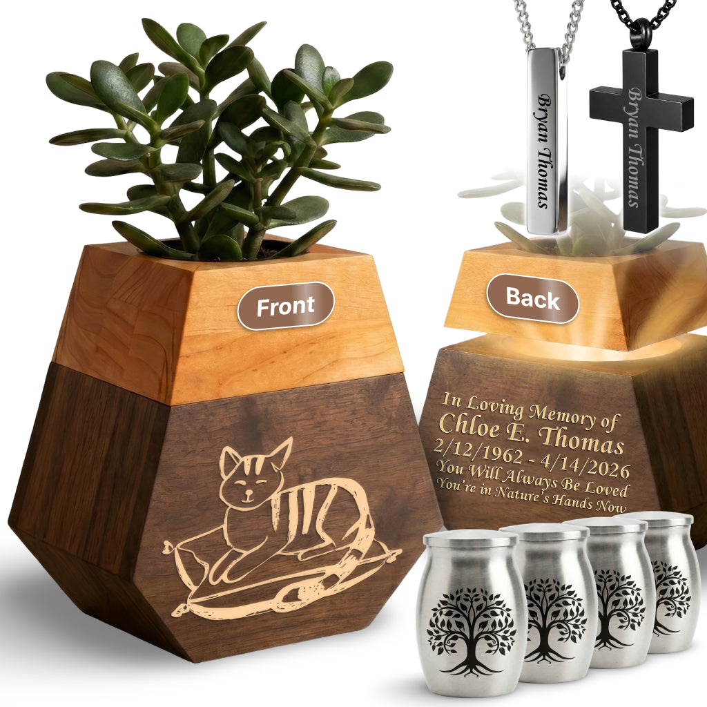 Wooden Plant Cremation Urn with Playful Cat Design for Pet Lovers