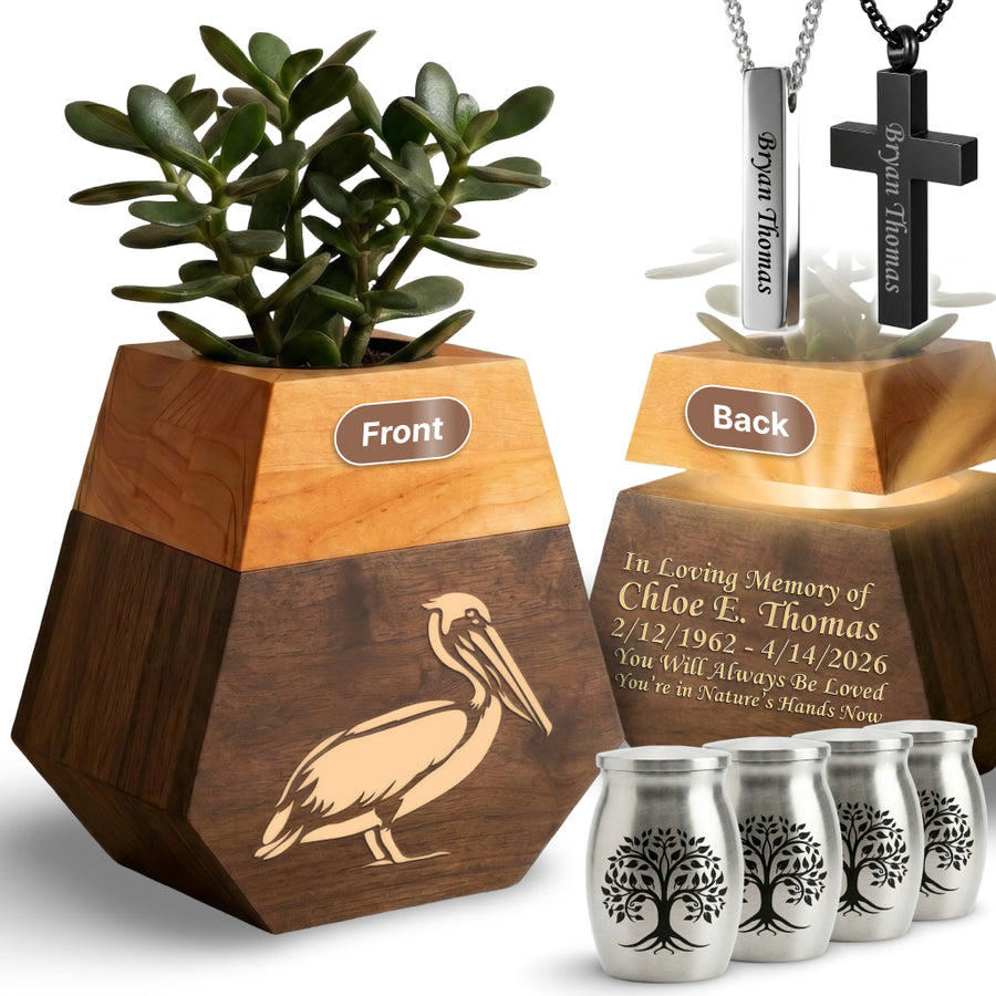 Wooden Plant Cremation Urn with Coastal Nature Design for Ocean Lovers
