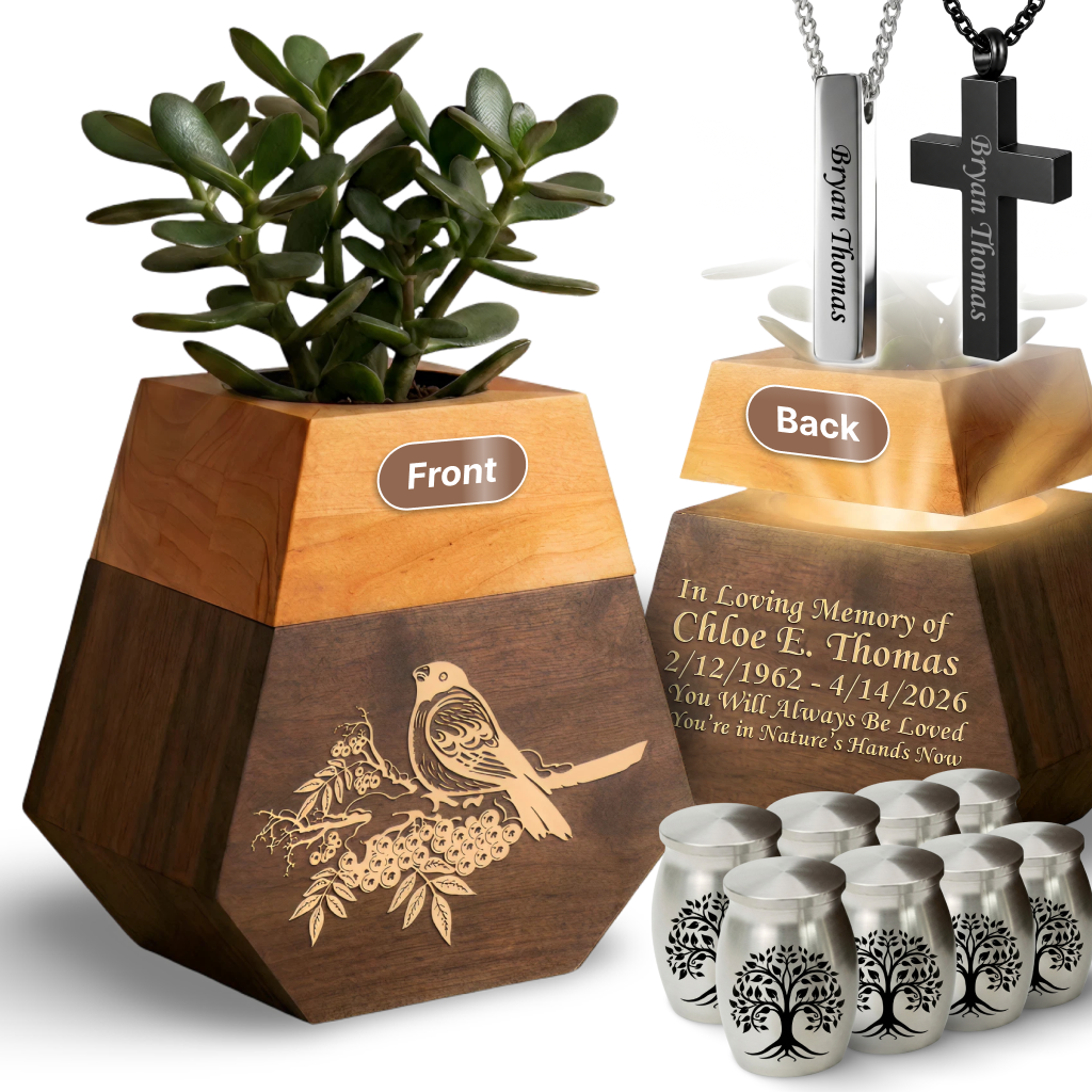 Wooden Plant Cremation Urn with Birds & Flowers Design for Nature Lovers