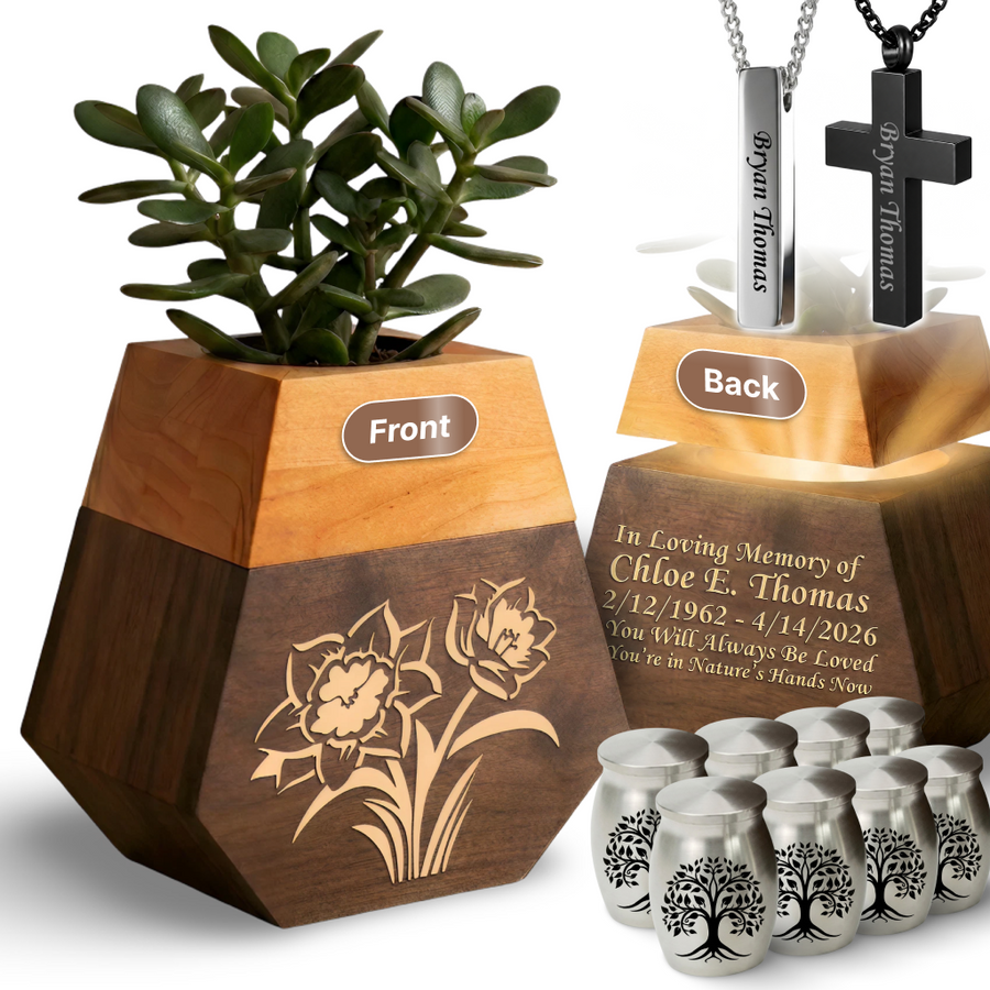 Wooden Plant Cremation Urn with Birds & Flowers Design for Nature Lovers