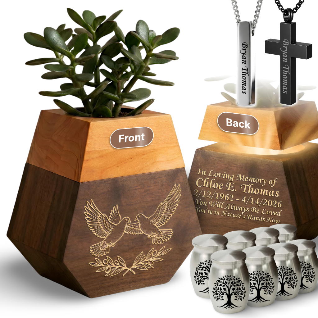 Wooden Plant Cremation Urn with Birds & Flowers Design for Nature Lovers