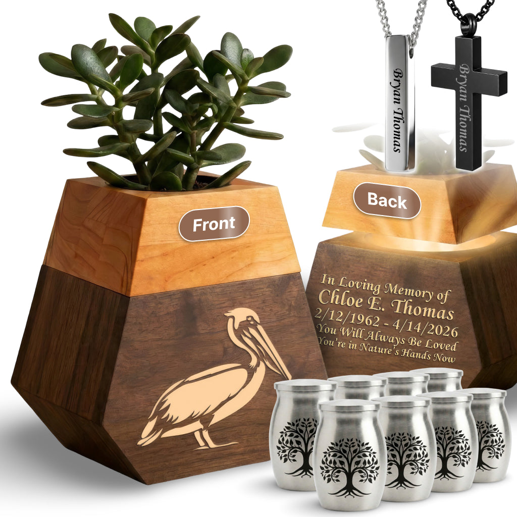 Wooden Plant Cremation Urn with Coastal Nature Design for Ocean Lovers