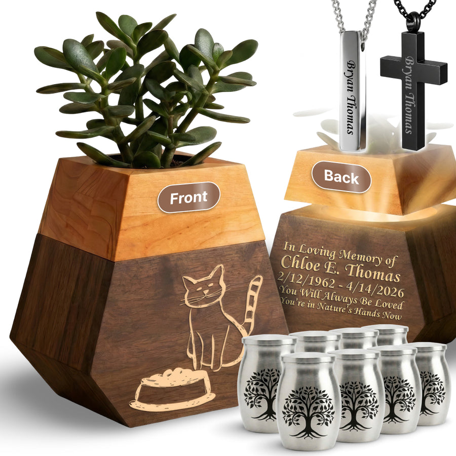 Wooden Plant Cremation Urn with Playful Cat Design for Pet Lovers