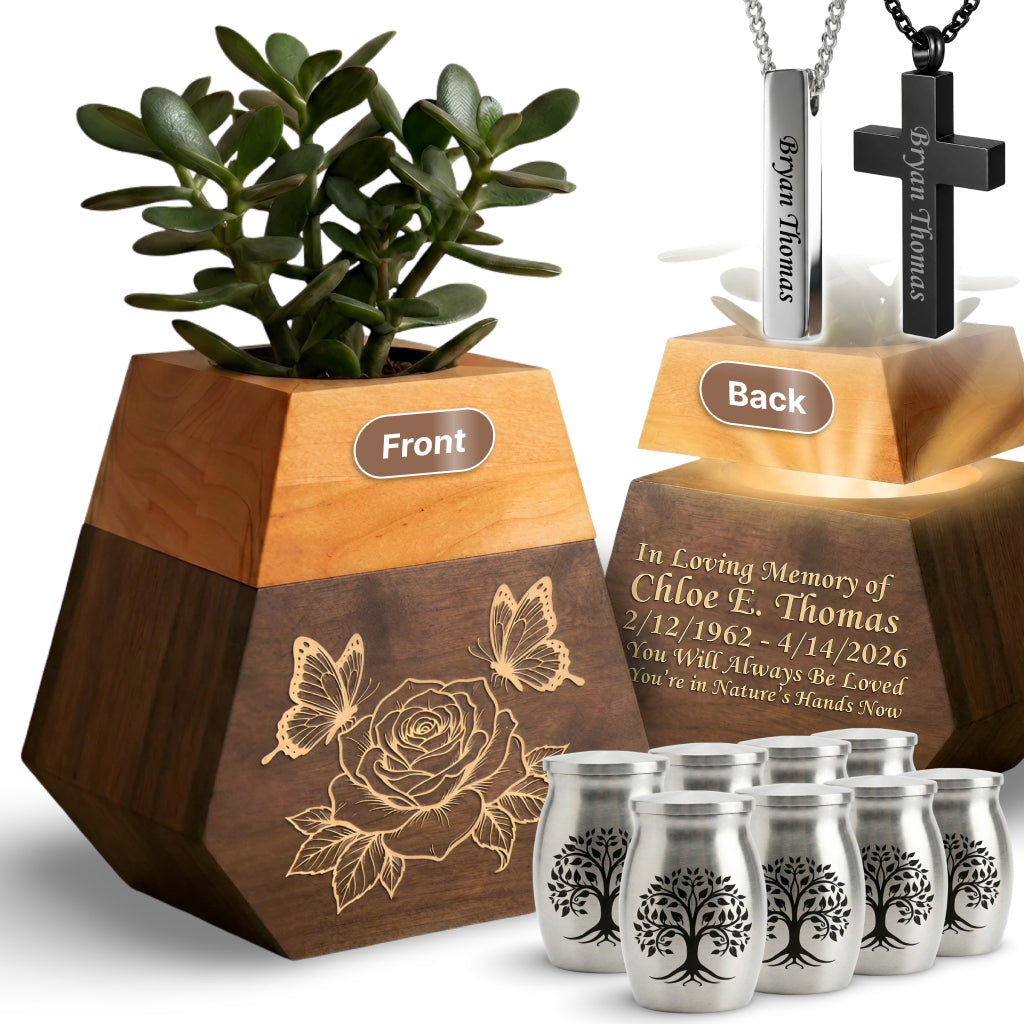Wooden Plant Cremation Urn with Birds & Flowers Design for Nature Lovers