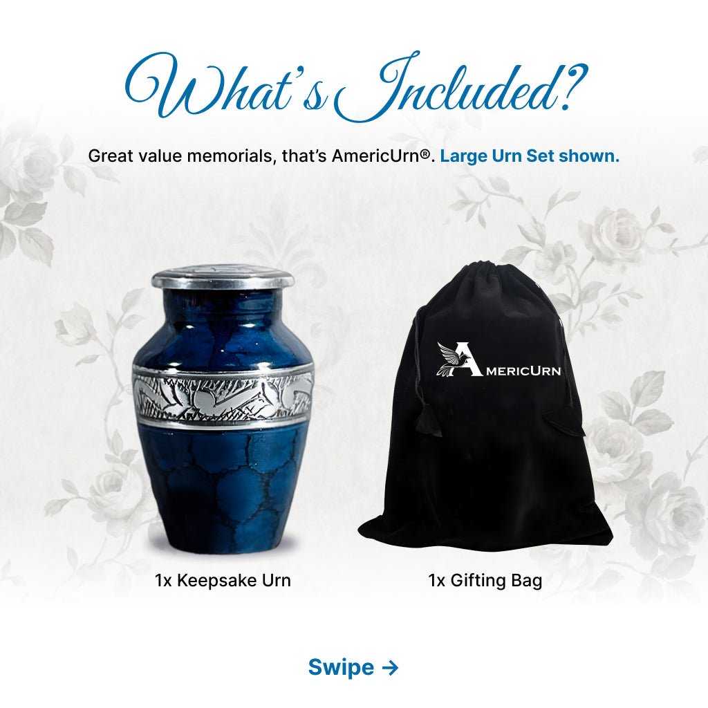 Blue Patch & Silver Engraved Cremation Urn