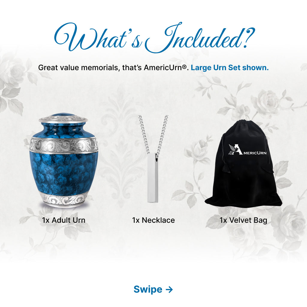 Blue Patch & Silver Engraved Cremation Urn