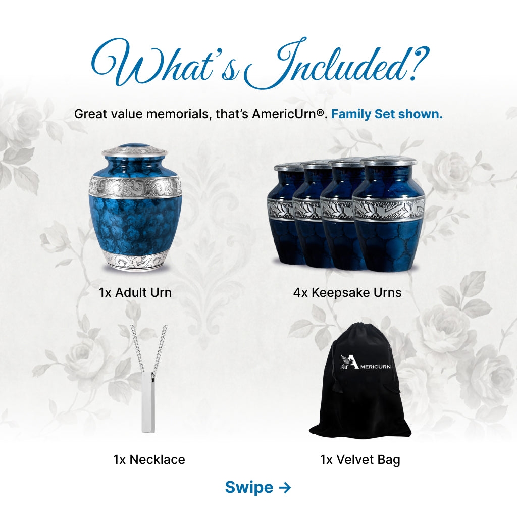Blue Patch & Silver Engraved Cremation Urn