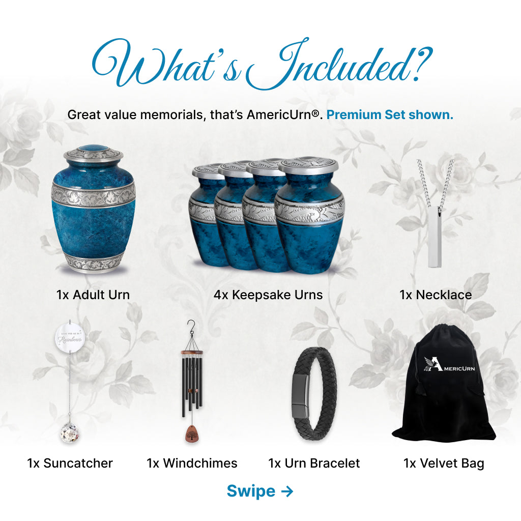 Blue Teal Marble & Silver Hand-Engraved Cremation Urn