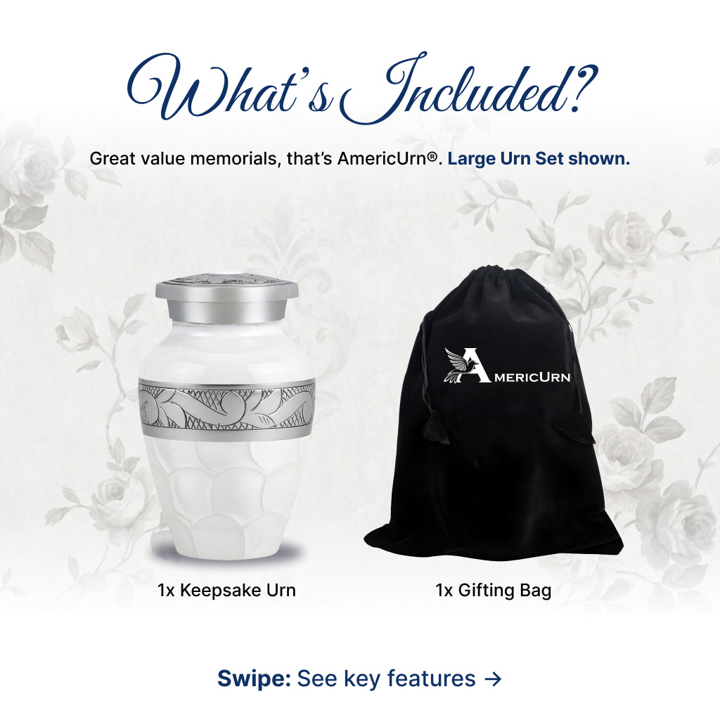 White Patch & Silver Hand-Engraved Cremation Urn