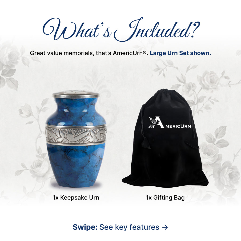Blue Patch & Silver Engraved Cremation Urn