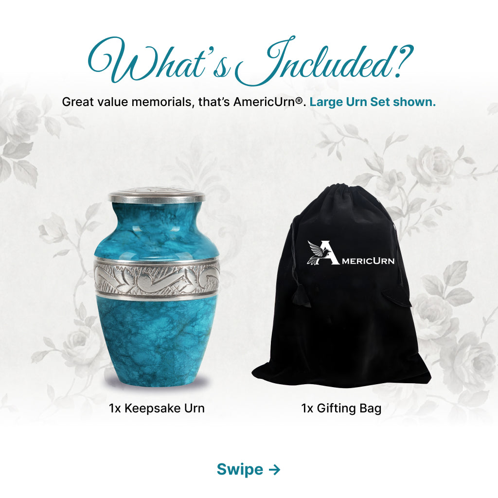 Blue Teal Marble & Silver Hand-Engraved Cremation Urn