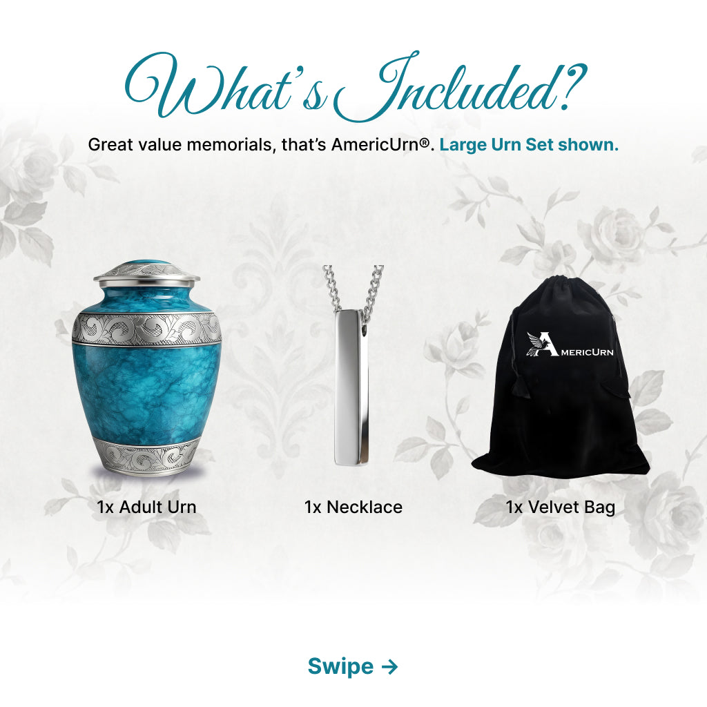 Blue Teal Marble & Silver Hand-Engraved Cremation Urn