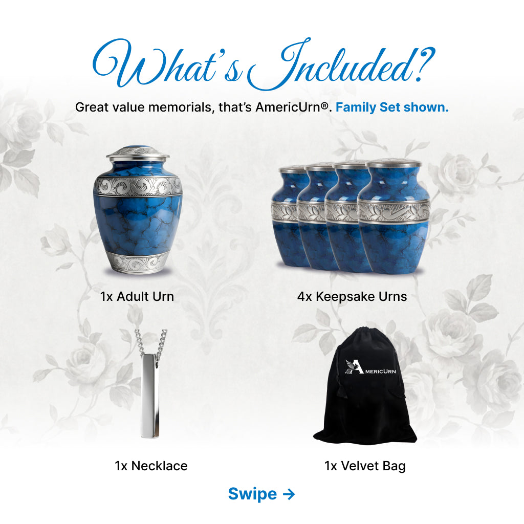 Blue Patch & Silver Engraved Cremation Urn