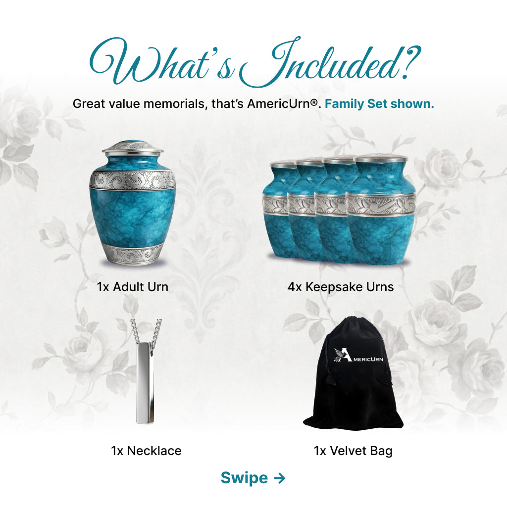 Blue Teal Marble & Silver Hand-Engraved Cremation Urn
