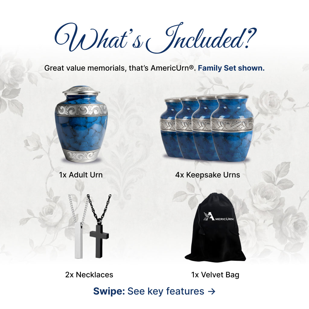 Blue Patch & Silver Engraved Cremation Urn