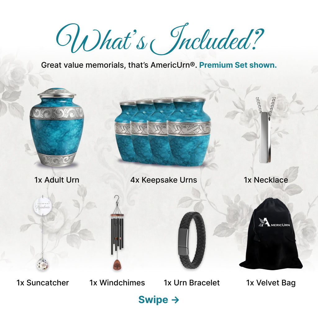 Blue Teal Marble & Silver Hand-Engraved Cremation Urn
