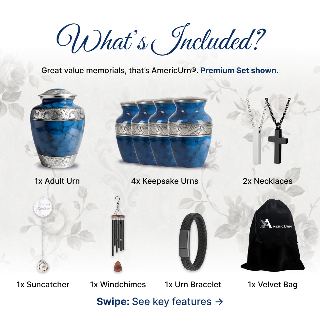 Blue Patch & Silver Engraved Cremation Urn