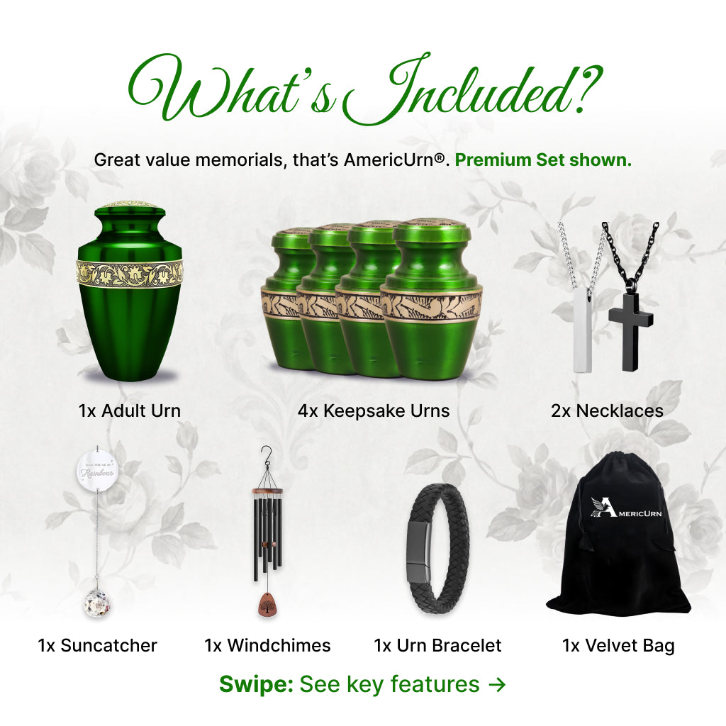 Green & Gold Engraved Grecian Cremation Urn