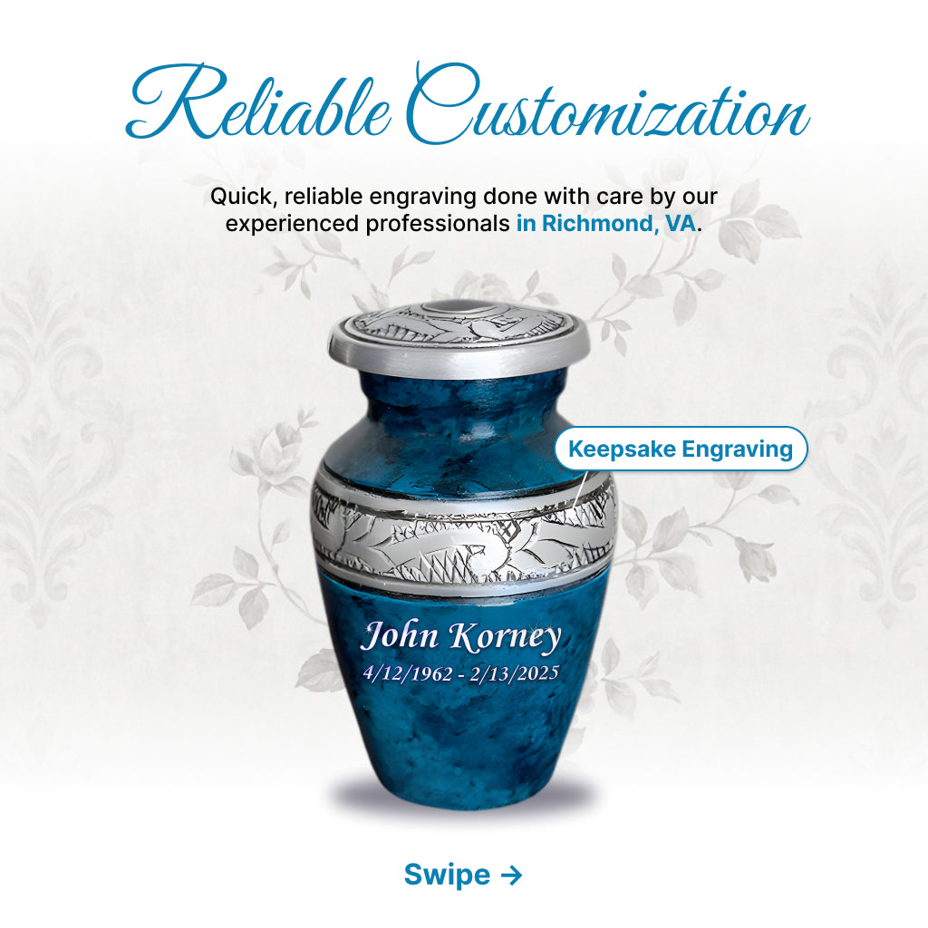 Blue Teal Marble & Silver Hand-Engraved Cremation Urn