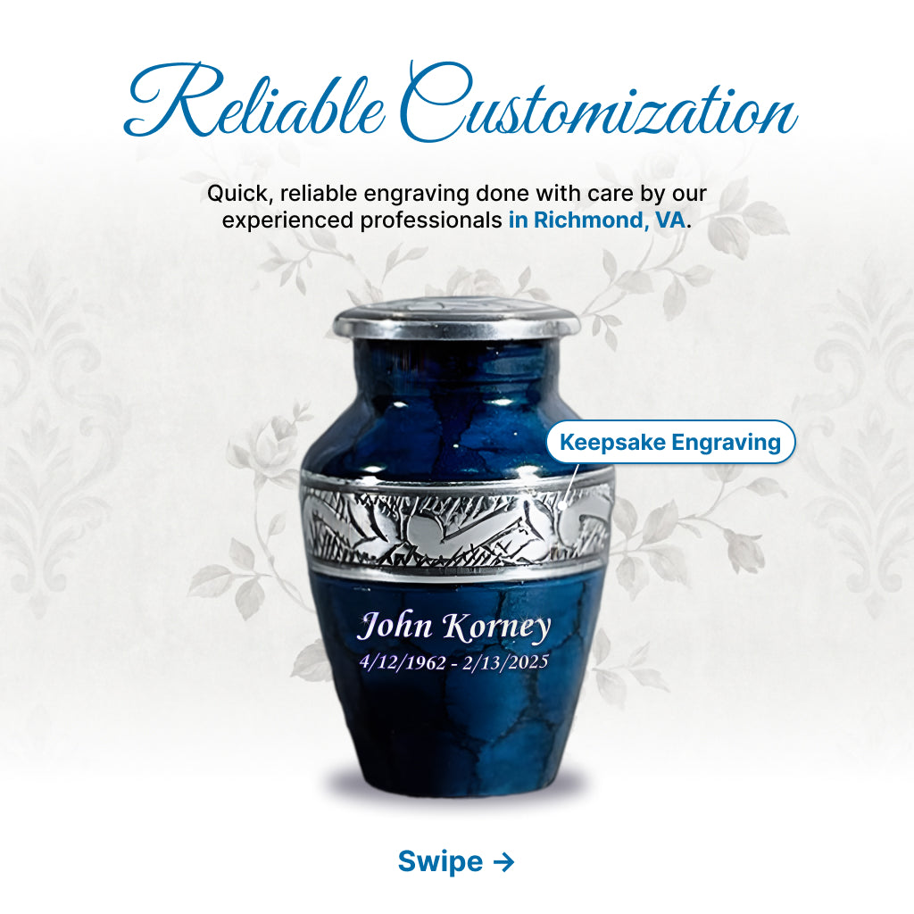 Blue Patch & Silver Engraved Cremation Urn