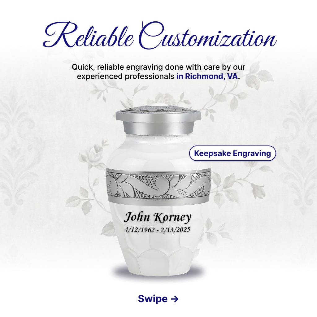 White Patch & Silver Hand-Engraved Cremation Urn