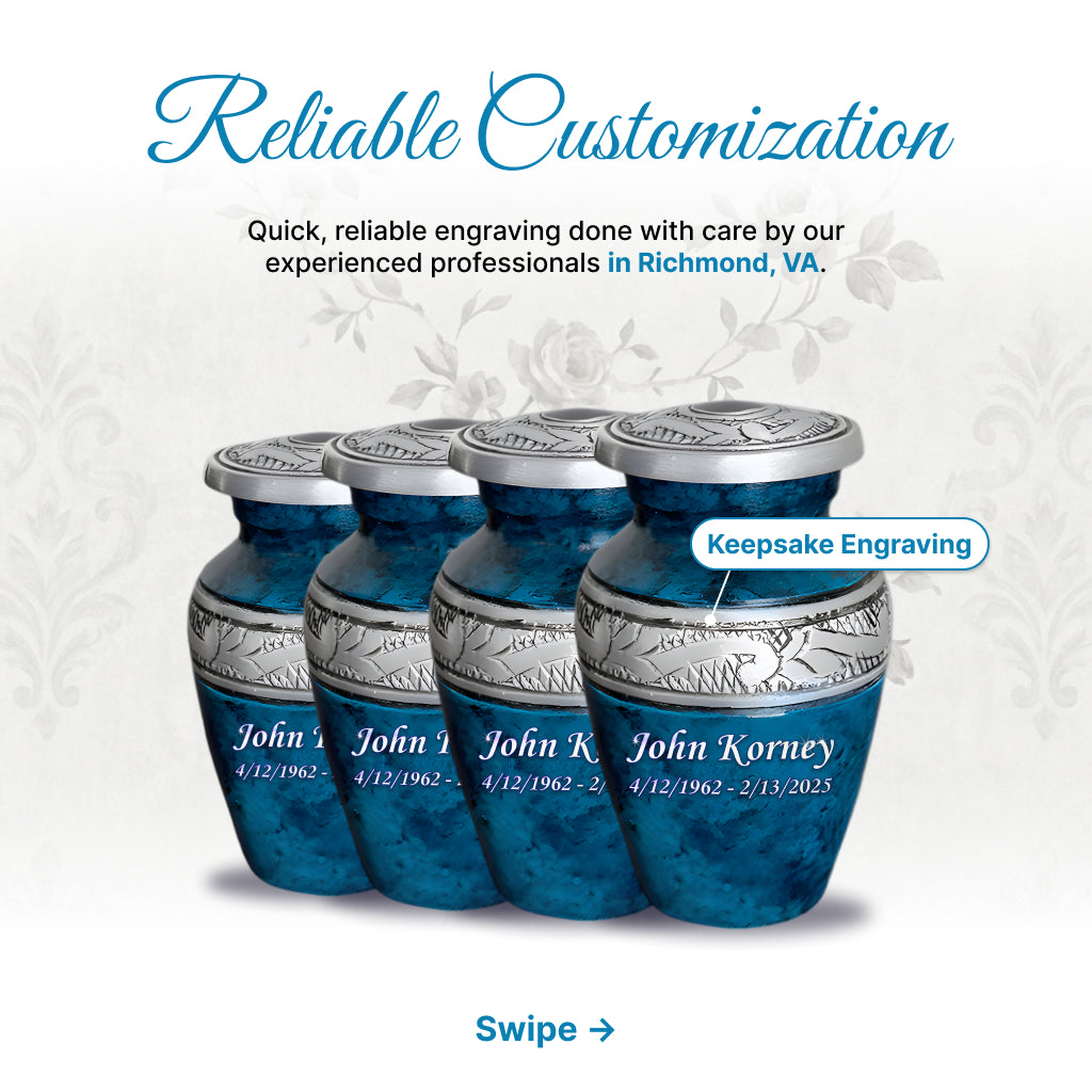 Blue Teal Marble & Silver Hand-Engraved Cremation Urn