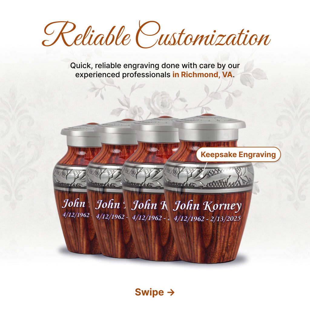 Printed Wood & Silver Hand-Engraved Cremation Urn