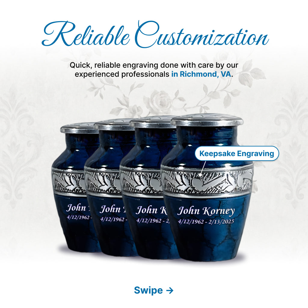 Blue Patch & Silver Engraved Cremation Urn