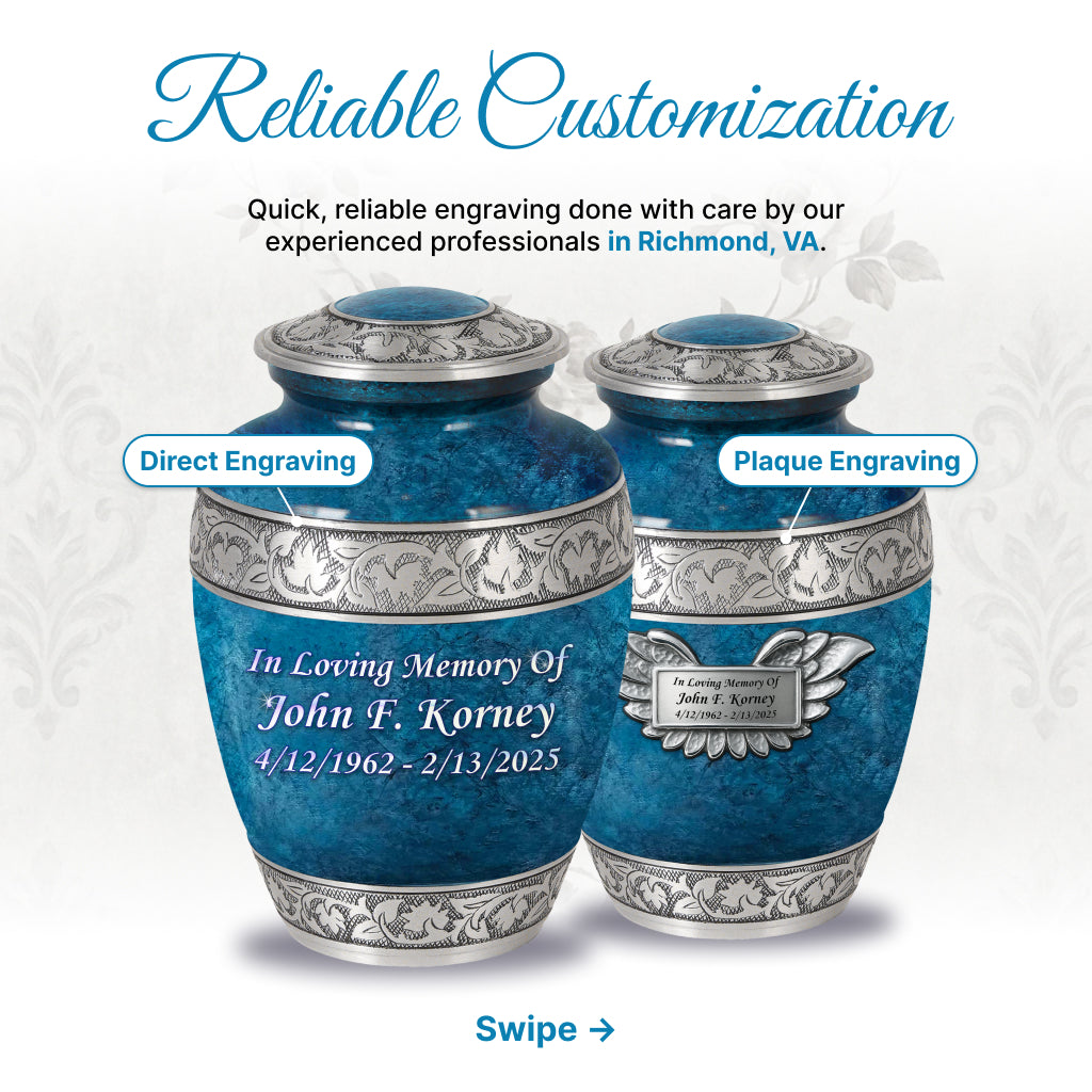 Blue Teal Marble & Silver Hand-Engraved Cremation Urn