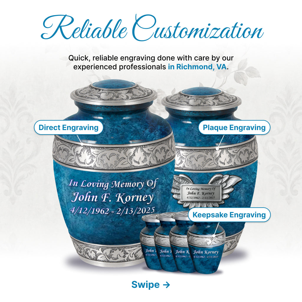 Blue Teal Marble & Silver Hand-Engraved Cremation Urn