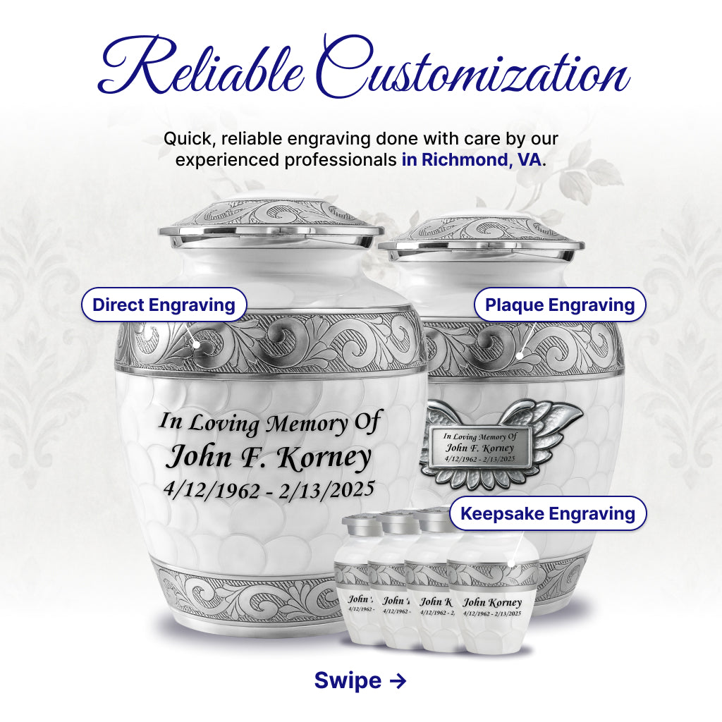 White Patch & Silver Hand-Engraved Cremation Urn