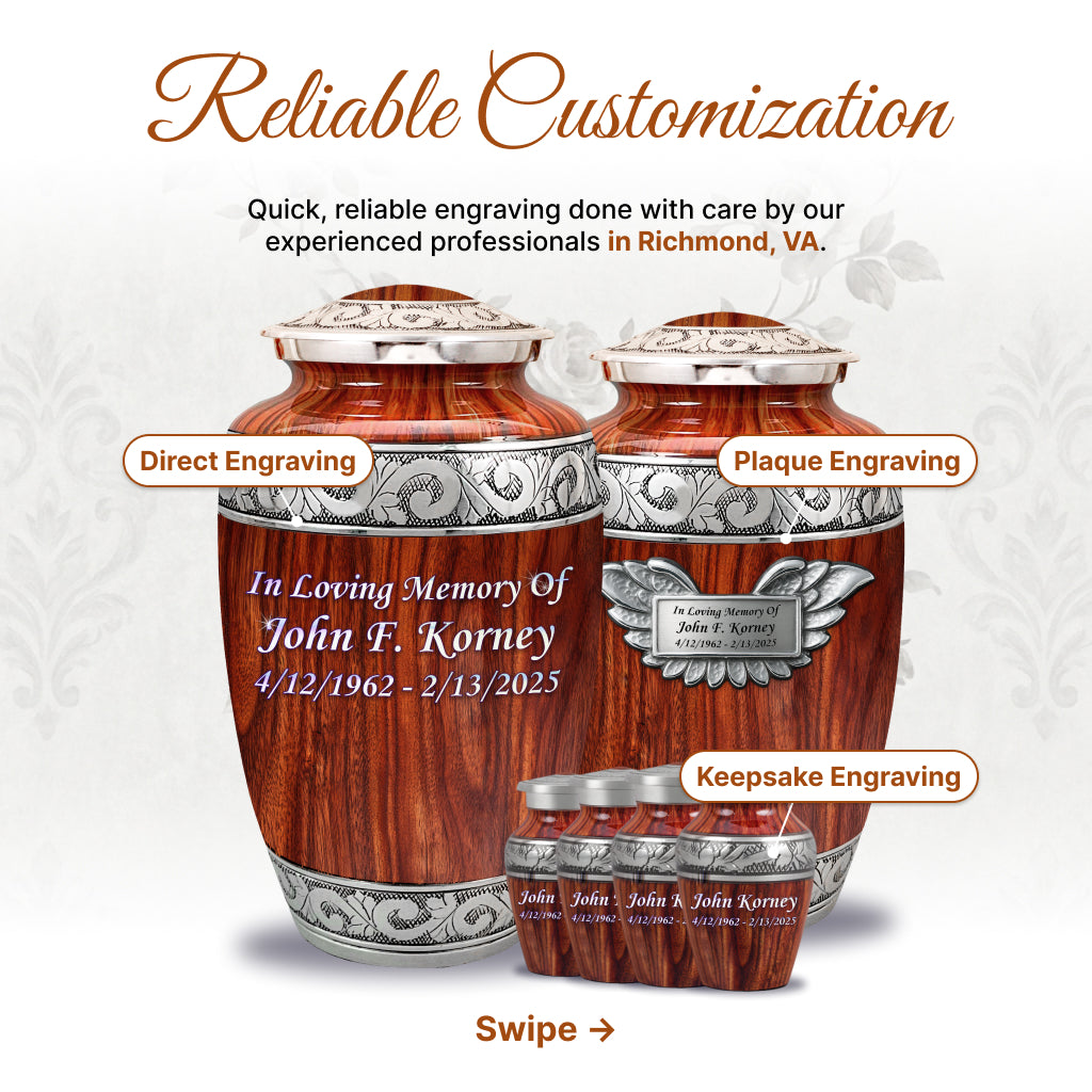 Printed Wood & Silver Hand-Engraved Cremation Urn