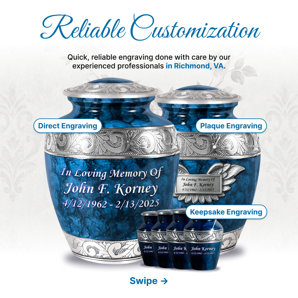 Blue Patch & Silver Engraved Cremation Urn