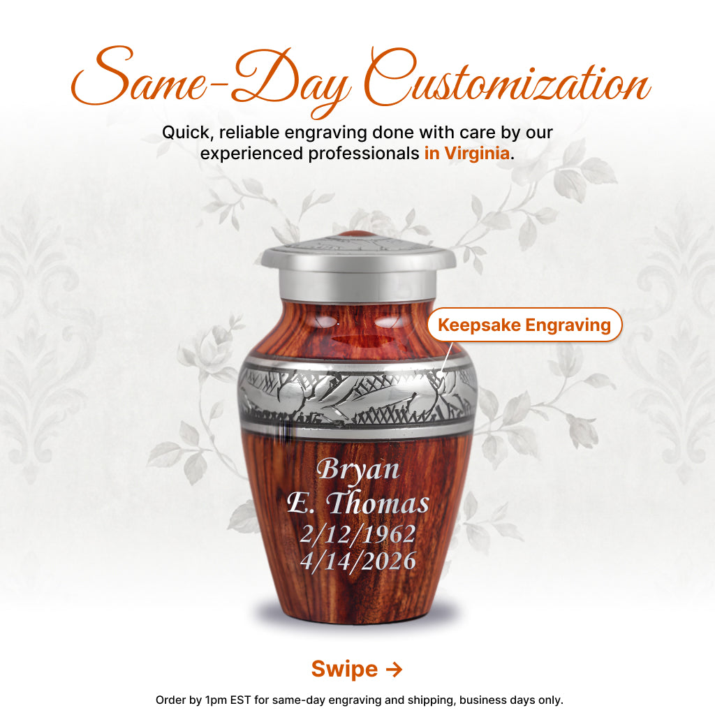 Printed Wood & Silver Hand-Engraved Cremation Urn