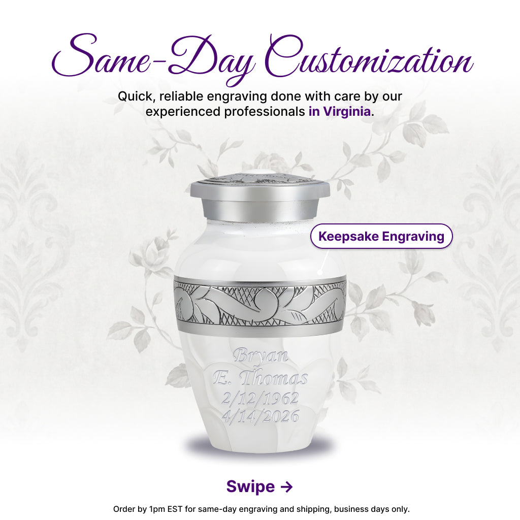 White Patch & Silver Hand-Engraved Cremation Urn