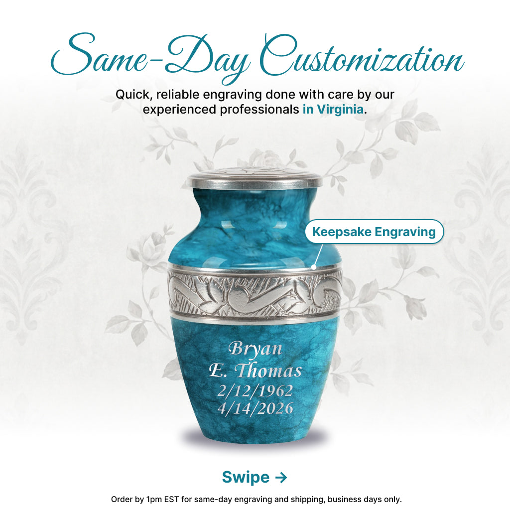 Blue Teal Marble & Silver Hand-Engraved Cremation Urn