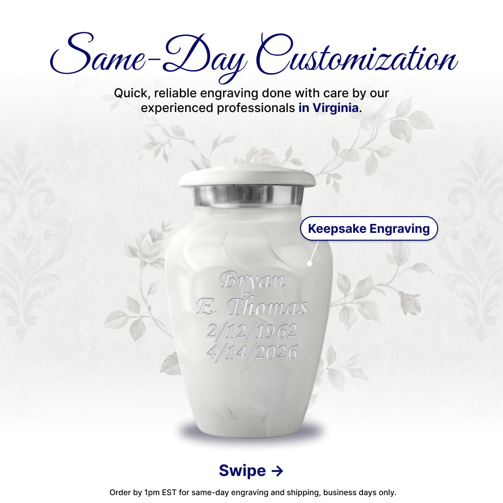 White Patch & Silver Hand-Engraved Cremation Urn