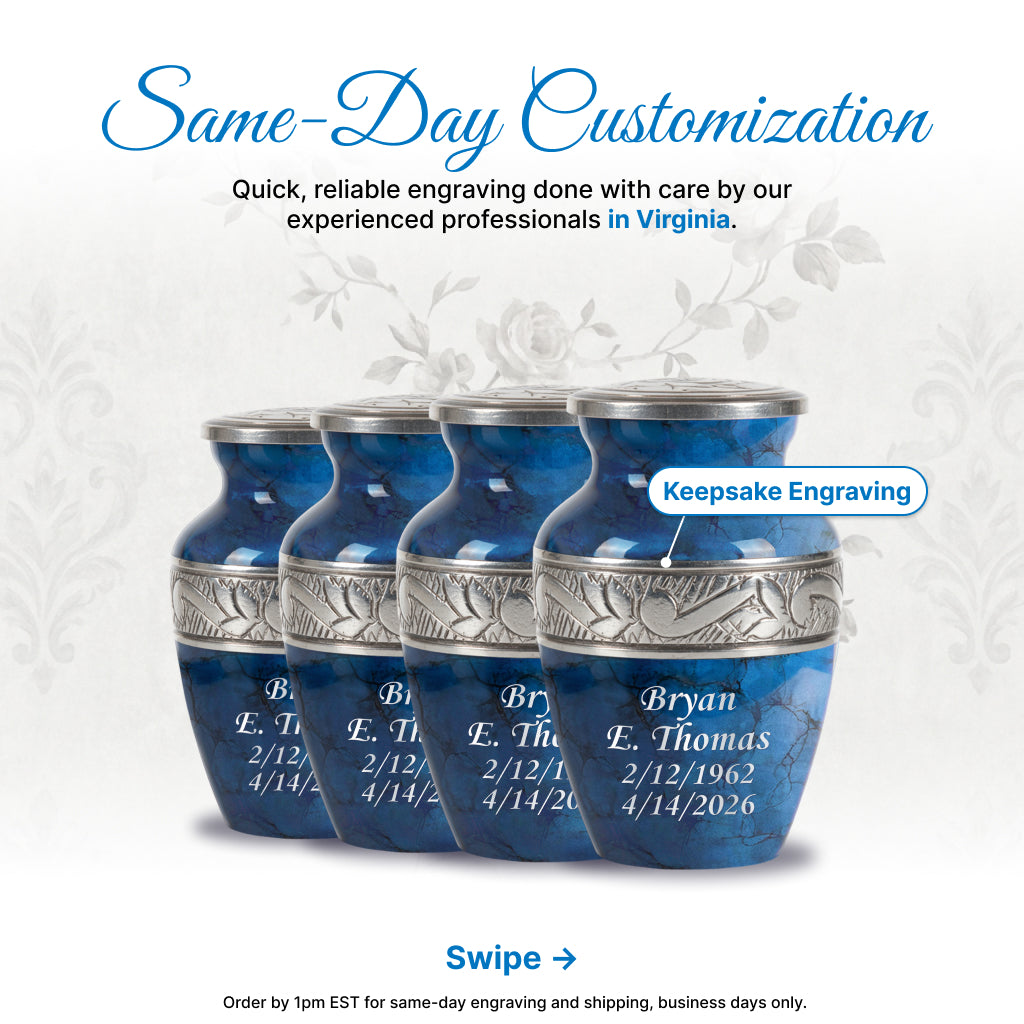 Blue Patch & Silver Engraved Cremation Urn